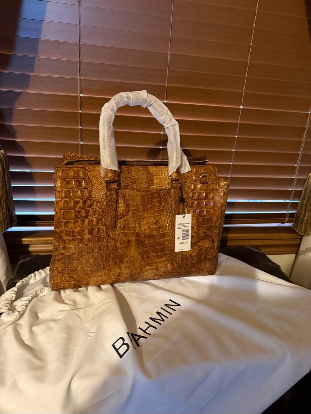 Brahmin Cognac Croc-Embossed Leather Satchel Finley carry all - Picture 2 of 8
